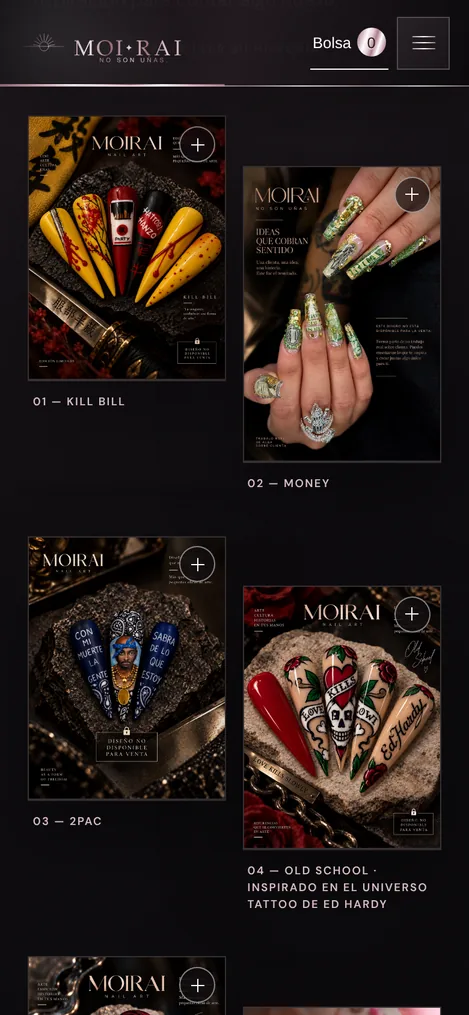 Web de Moirai en móvil: escaparate de obras de autor